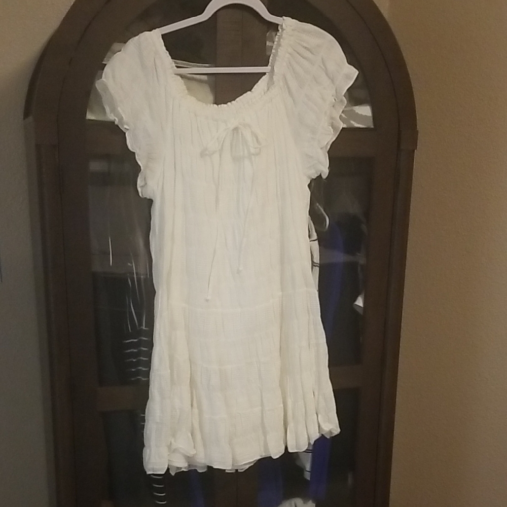 Max Studio White Smocked Peasant Mini Dress